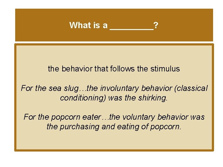 What is a _____? the behavior that follows the stimulus For the sea slug…the