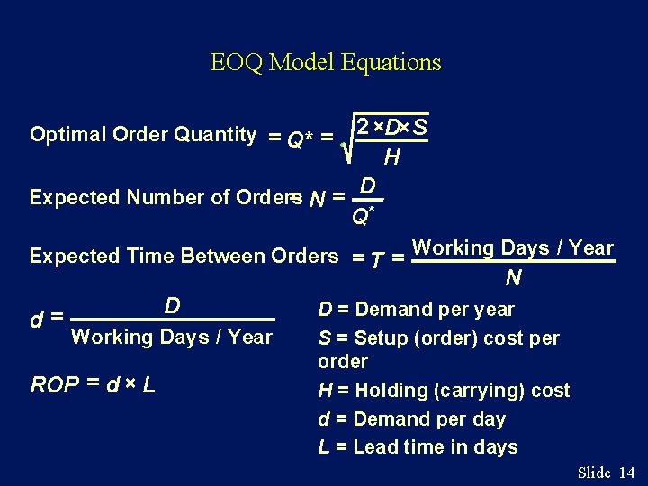 EOQ Model Equations 2 ×D× S H D Expected Number of Orders =N= Q*