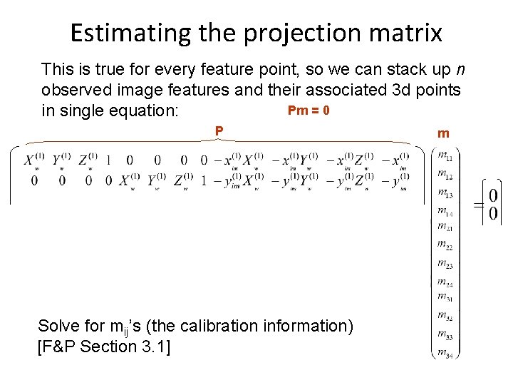 Estimating the projection matrix This is true for every feature point, so we can