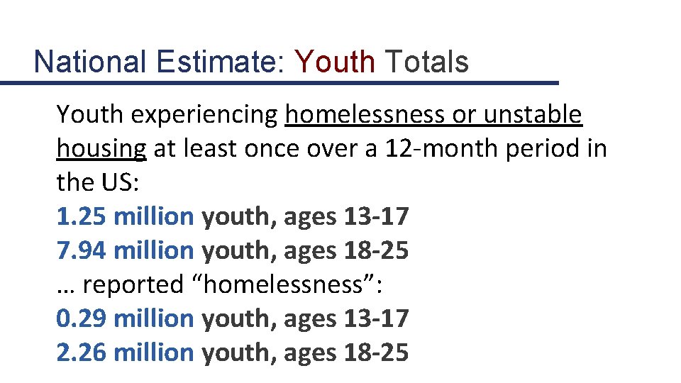 National Estimate: Youth Totals Youth experiencing homelessness or unstable housing at least once over