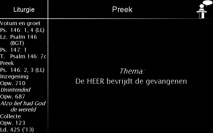 Liturgie Votum en groet Ps. 146: 1, 4 (LL) Lz. Psalm 146 (BGT) Ps.