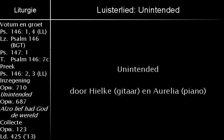 Liturgie Votum en groet Ps. 146: 1, 4 (LL) Lz. Psalm 146 (BGT) Ps.