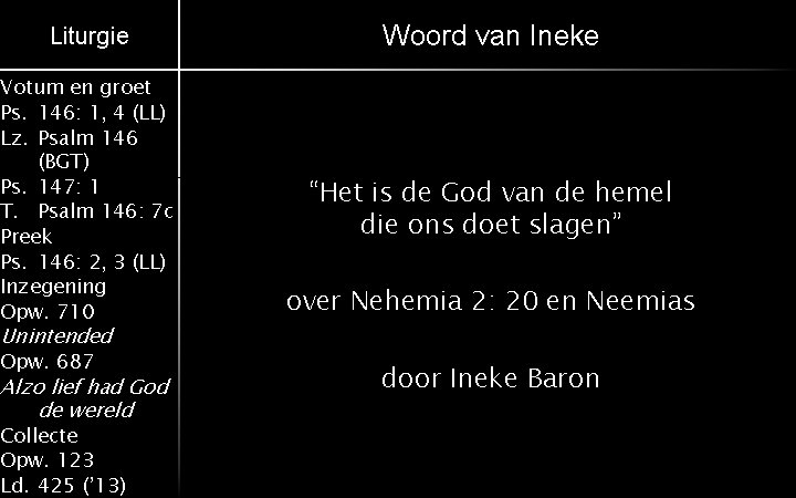 Liturgie Woord van Ineke Votum en groet Ps. 146: 1, 4 (LL) Lz. Psalm