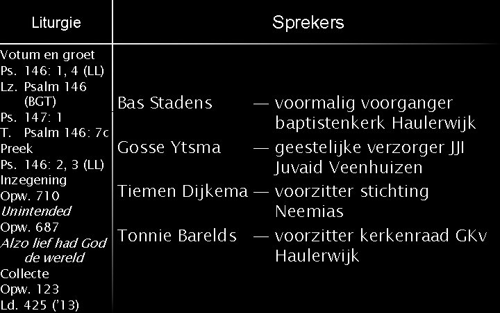 Sprekers Liturgie Votum en groet Ps. 146: 1, 4 (LL) Lz. Psalm 146 (BGT)