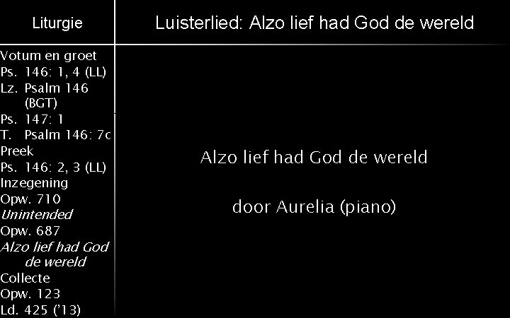 Liturgie Votum en groet Ps. 146: 1, 4 (LL) Lz. Psalm 146 (BGT) Ps.
