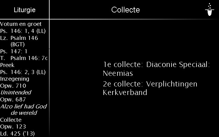 Liturgie Votum en groet Ps. 146: 1, 4 (LL) Lz. Psalm 146 (BGT) Ps.