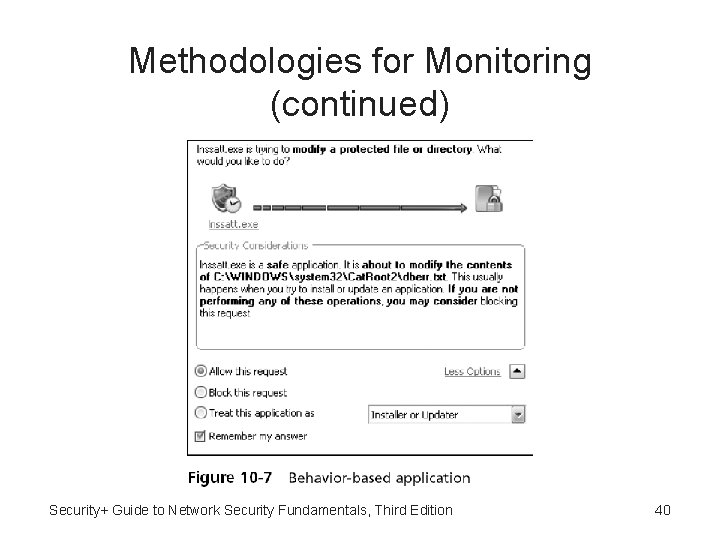 Methodologies for Monitoring (continued) Security+ Guide to Network Security Fundamentals, Third Edition 40 