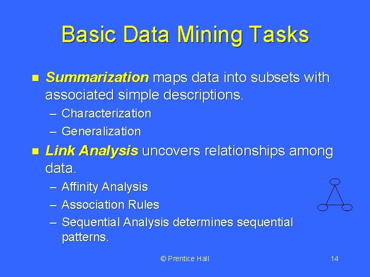 Basic Data Mining Tasks n Summarization maps data into subsets with associated simple descriptions.