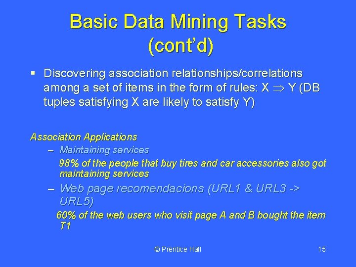 Basic Data Mining Tasks (cont’d) § Discovering association relationships/correlations among a set of items