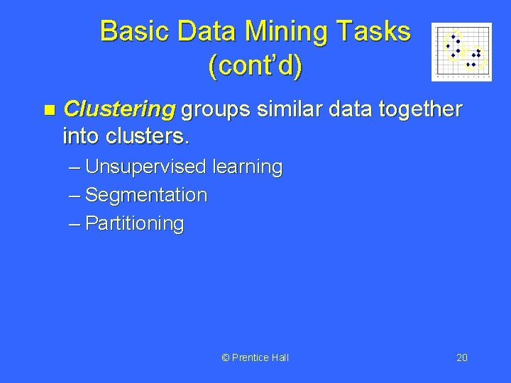 Basic Data Mining Tasks (cont’d) n Clustering groups similar data together into clusters. –