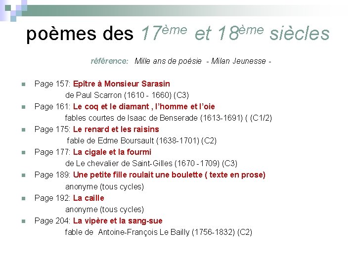 poèmes des 17ème et 18ème siècles référence: Mille ans de poésie - Milan Jeunesse