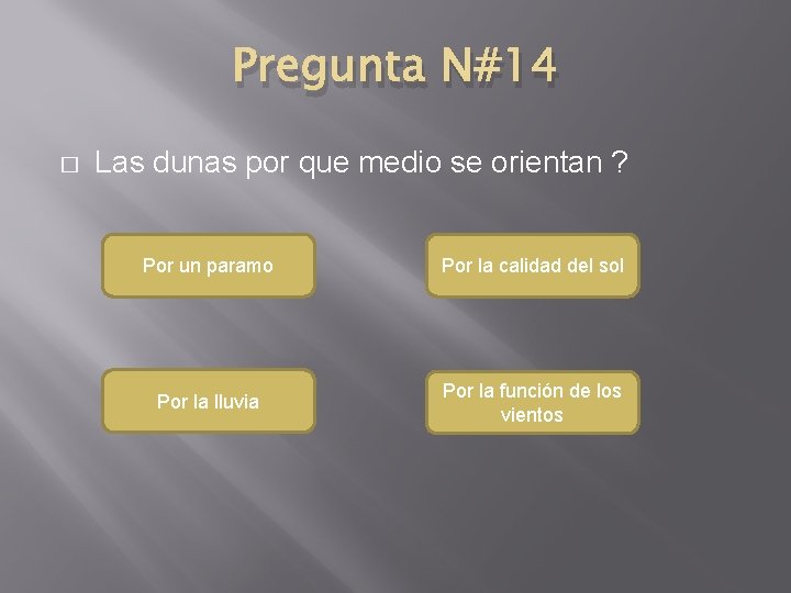 Pregunta N#14 � Las dunas por que medio se orientan ? Por un paramo