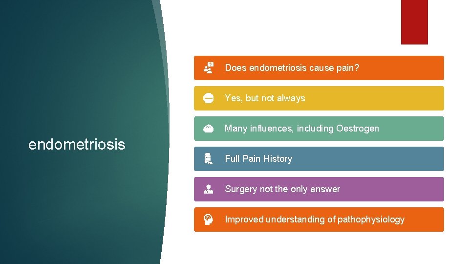 Does endometriosis cause pain? Yes, but not always Many influences, including Oestrogen endometriosis Full