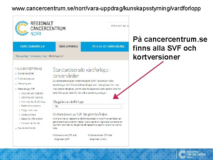 www. cancercentrum. se/norr/vara-uppdrag/kunskapsstyrning/vardforlopp På cancercentrum. se finns alla SVF och kortversioner 