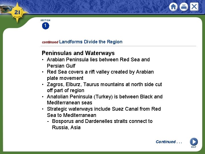SECTION 1 continued Landforms Divide the Region Peninsulas and Waterways • Arabian Peninsula lies