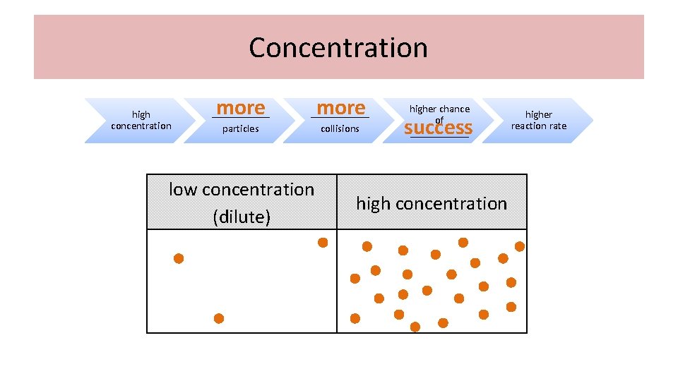 Concentration high concentration more ______ particles more ______ collisions low concentration (dilute) higher chance