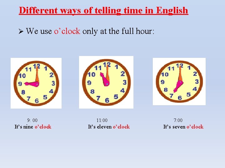 Different ways of telling time in English Ø We use o’clock only at the