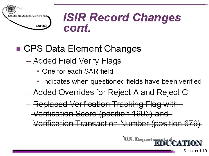 ISIR Record Changes cont. n CPS Data Element Changes – Added Field Verify Flags