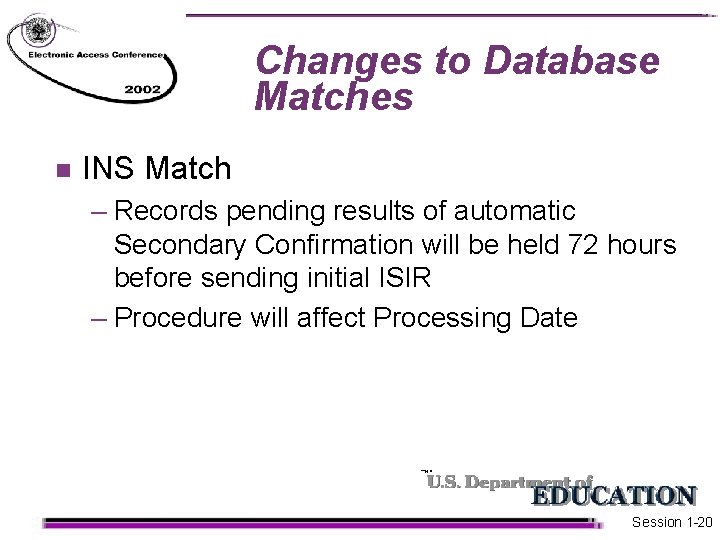 Changes to Database Matches n INS Match – Records pending results of automatic Secondary