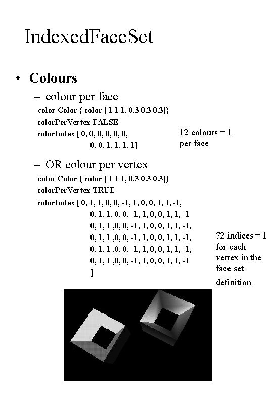 Indexed. Face. Set • Colours – colour per face color Color { color [
