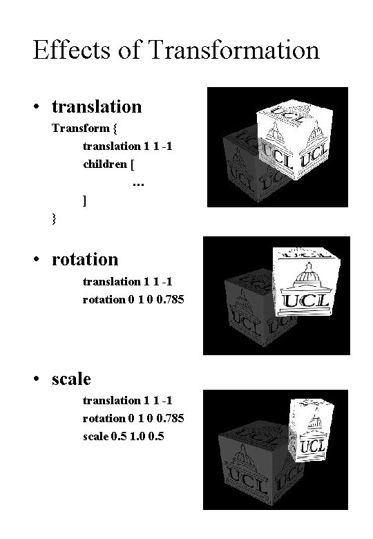 Effects of Transformation • translation Transform { translation 1 1 -1 children [ …