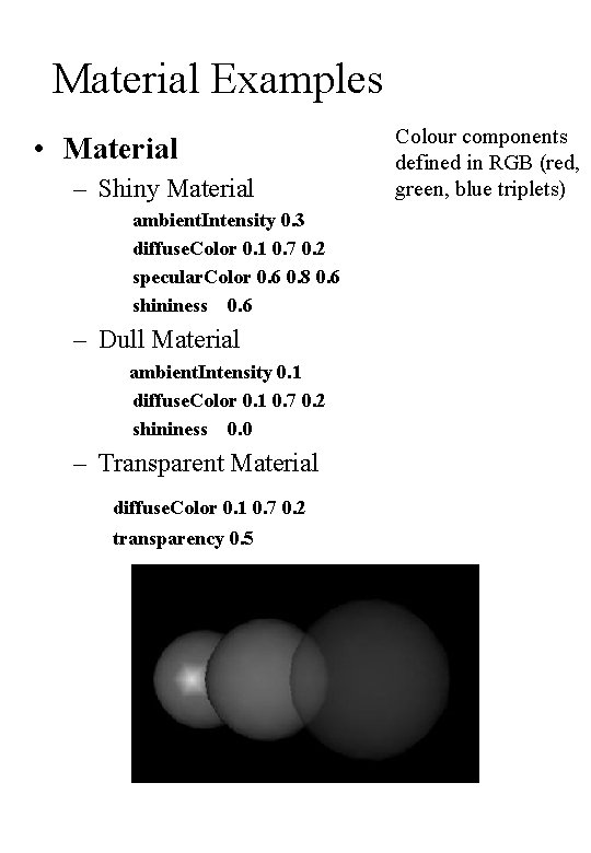 Material Examples • Material – Shiny Material ambient. Intensity 0. 3 diffuse. Color 0.