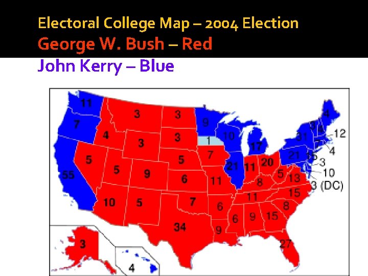 Electoral College Map – 2004 Election George W. Bush – Red John Kerry –