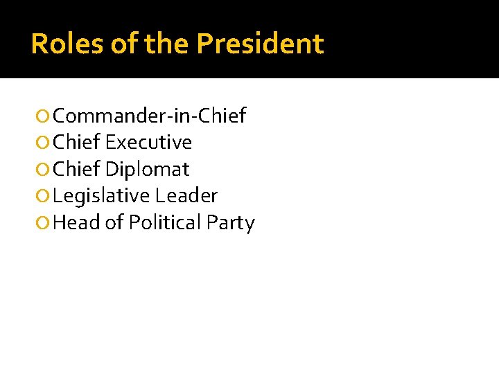 Roles of the President Commander-in-Chief Executive Chief Diplomat Legislative Leader Head of Political Party