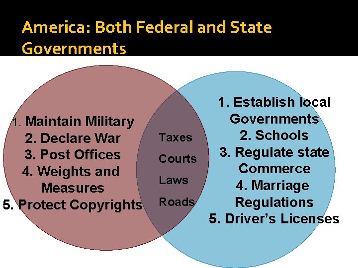 America: Both Federal and State Governments 1. Maintain Military 2. Declare War 3. Post