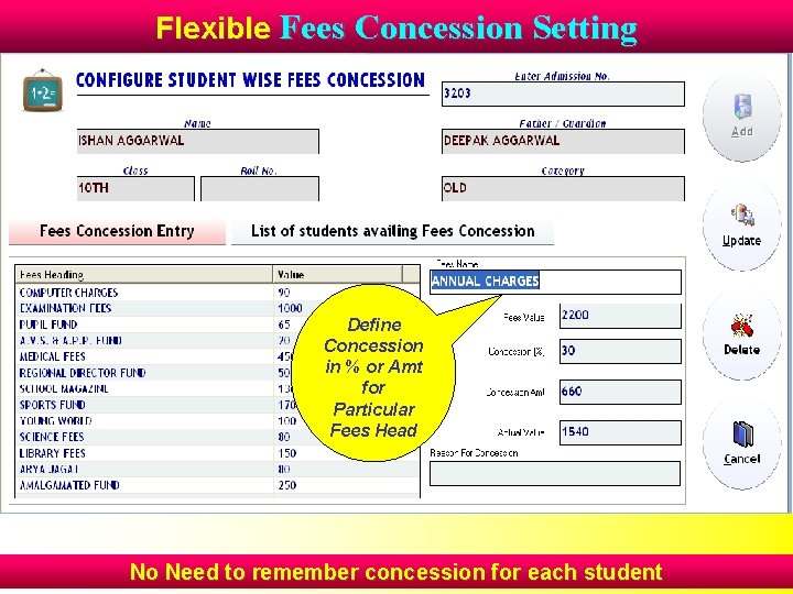 Flexible Fees Concession Setting Define Concession in % or Amt for Particular Fees Head