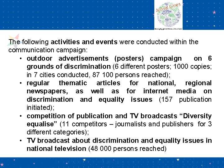 The following activities and events were conducted within the communication campaign: • outdoor advertisements