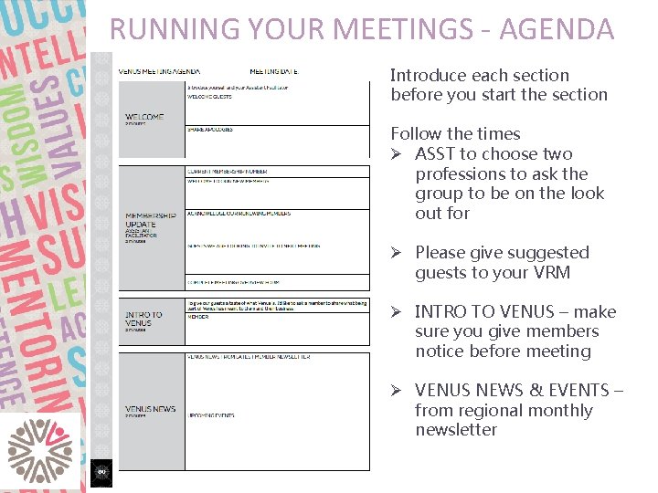 RUNNING YOUR MEETINGS - AGENDA Introduce each section before you start the section Follow