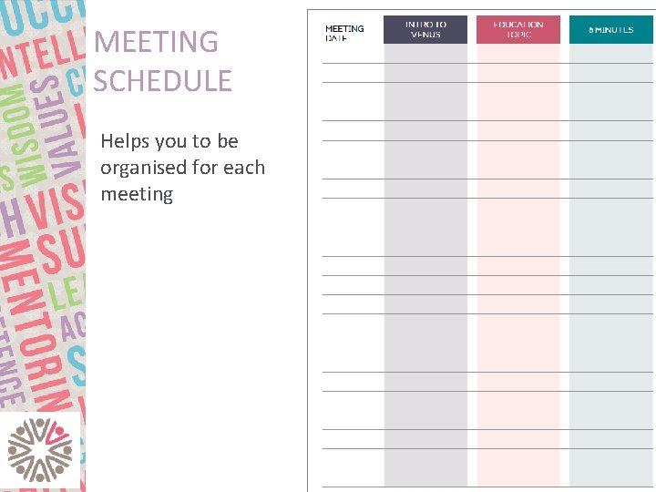 MEETING SCHEDULE Helps you to be organised for each meeting 
