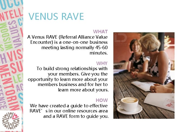 VENUS RAVE WHAT A Venus RAVE (Referral Alliance Value Encounter) is a one-on-one business
