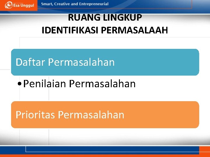 RUANG LINGKUP IDENTIFIKASI PERMASALAAH Daftar Permasalahan • Penilaian Permasalahan Prioritas Permasalahan 