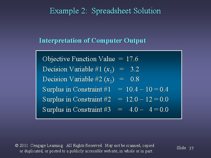 Example 2: Spreadsheet Solution Interpretation of Computer Output Objective Function Value Decision Variable #1