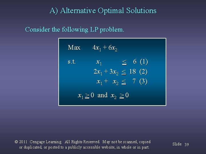 A) Alternative Optimal Solutions Consider the following LP problem. Max 4 x 1 +