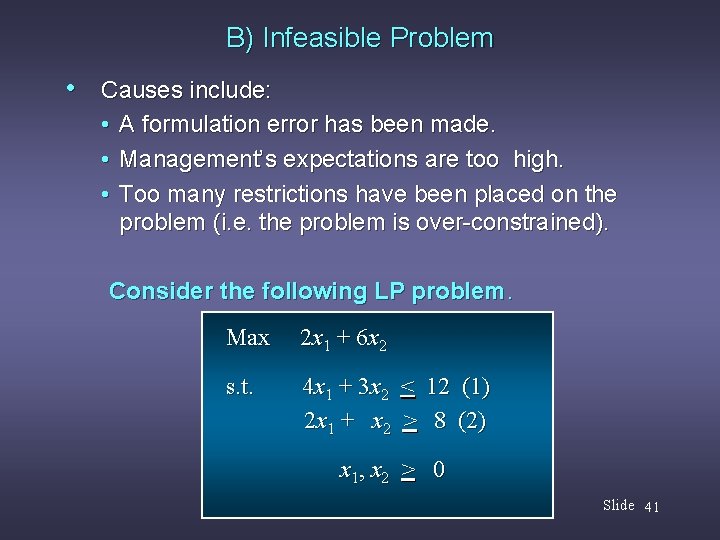 B) Infeasible Problem • Causes include: • A formulation error has been made. •