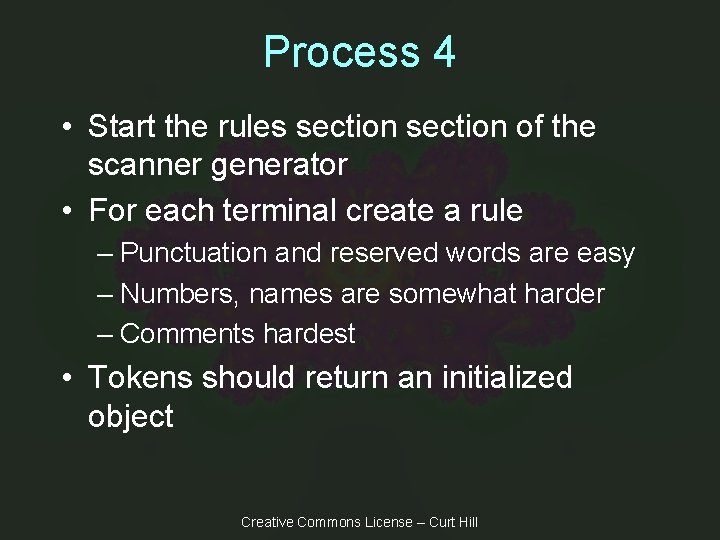 Process 4 • Start the rules section of the scanner generator • For each