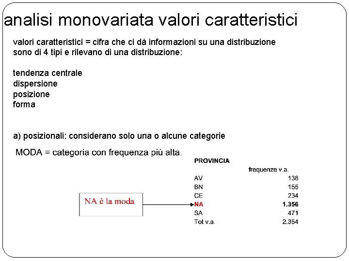 analisi monovariata valori caratteristici = cifra che ci dà informazioni su una distribuzione sono