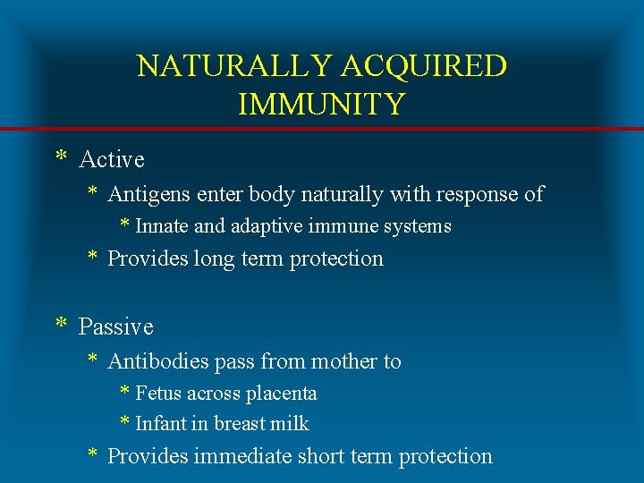 NATURALLY ACQUIRED IMMUNITY * Active * Antigens enter body naturally with response of *