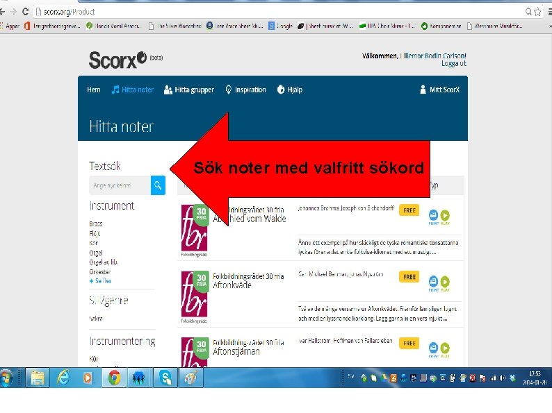 Sök noter med valfritt sökord 