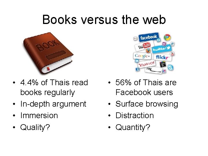 Books versus the web • 4. 4% of Thais read books regularly • In-depth