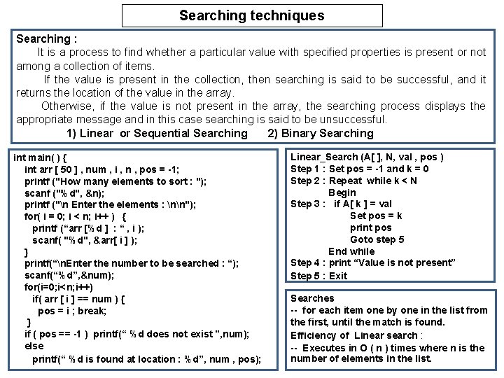 Searching techniques Searching : It is a process to find whether a particular value