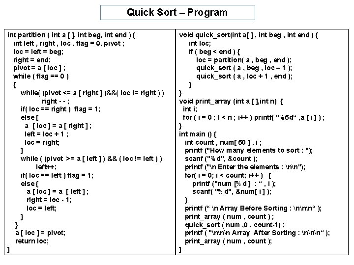 Quick Sort – Program int partition ( int a [ ], int beg, int