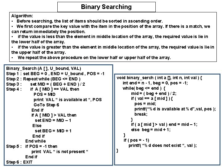 Binary Searching Algorithm: • Before searching, the list of items should be sorted in