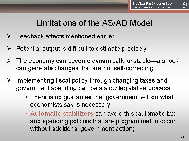 The Short-Run Keynesian Policy Model: Demand-Side Policies 19 Limitations of the AS/AD Model Ø