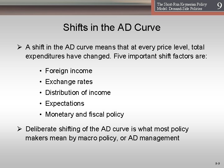 The Short-Run Keynesian Policy Model: Demand-Side Policies 19 Shifts in the AD Curve Ø