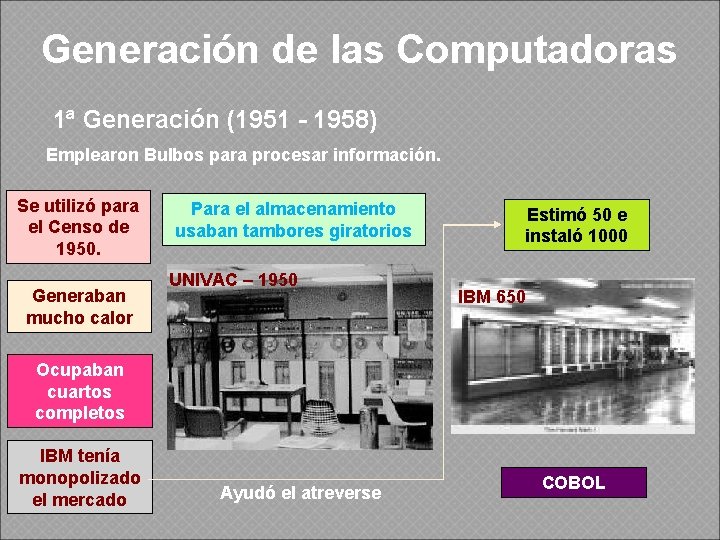 Generación de las Computadoras 1ª Generación (1951 - 1958) Emplearon Bulbos para procesar información.