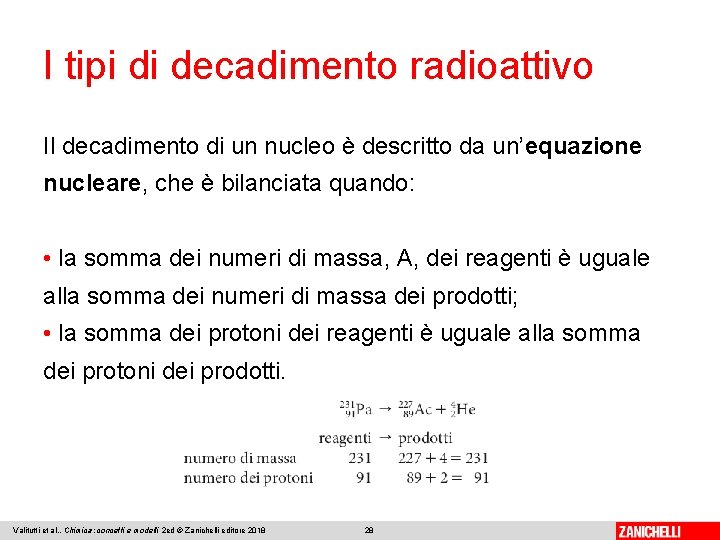 I tipi di decadimento radioattivo Il decadimento di un nucleo è descritto da un’equazione